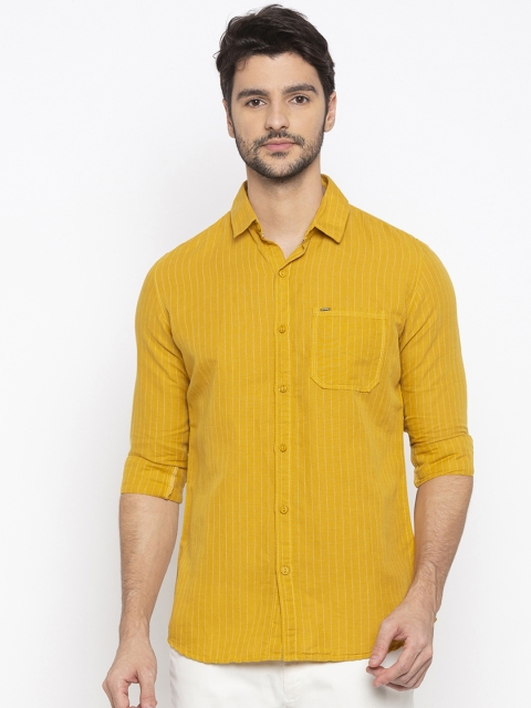 

SPYKAR Men Yellow Slim Fit Striped Casual Shirt