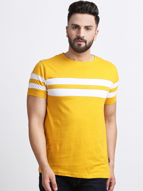 Rodzen Men Yellow & White Striped Round Neck T-shirt