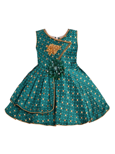 

Wish Karo Girls Green & Gold-Coloured Checked Fit and Flare Dress