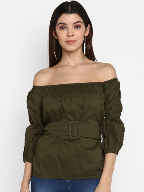 

MIAMINX Women Olive Green Solid Bardot Top