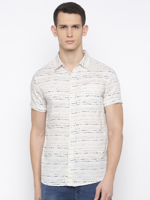 

SPYKAR Men Cream-Coloured & Navy Blue Slim Fit Printed Casual Shirt