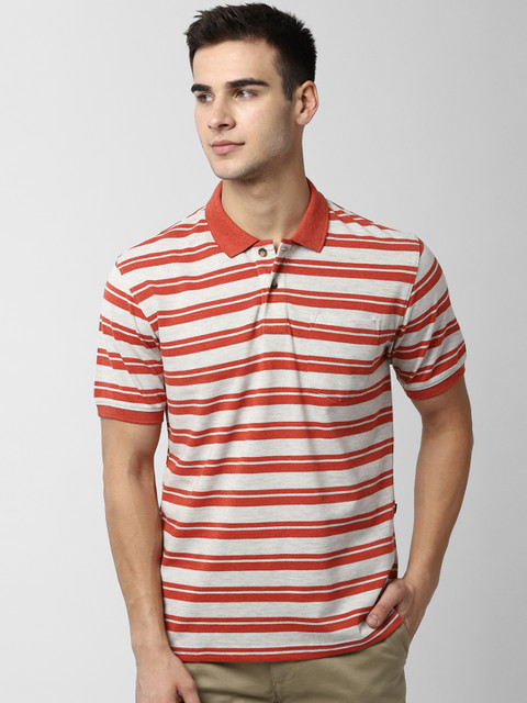 

Peter England Casuals Men Red & Off-White Striped Polo Collar T-shirt