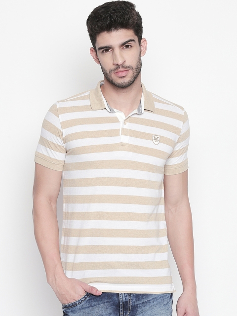 Mufti Men White & Khaki Striped Polo Collar T-shirt