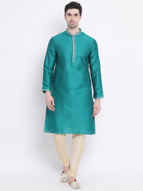 

Sanwara Men Teal Green Woven Design Jacquard Straight Kurta