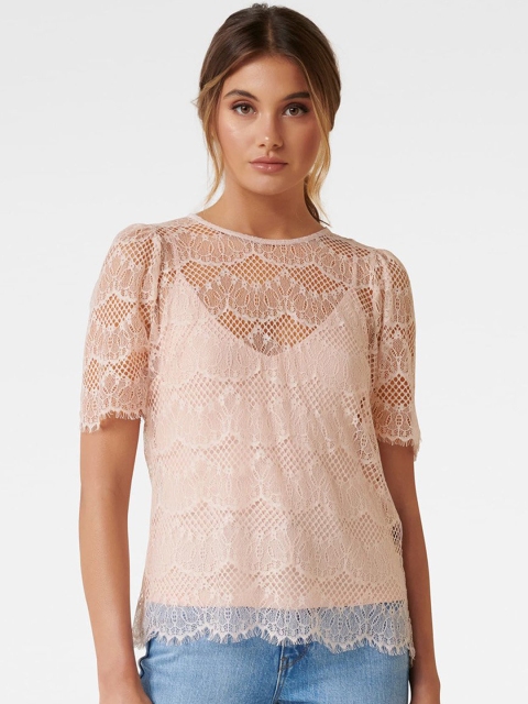 

Forever New Women Peach-Coloured Self Design Lace Top