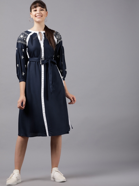 

Vishudh Women Navy Blue Solid A-Line Dress