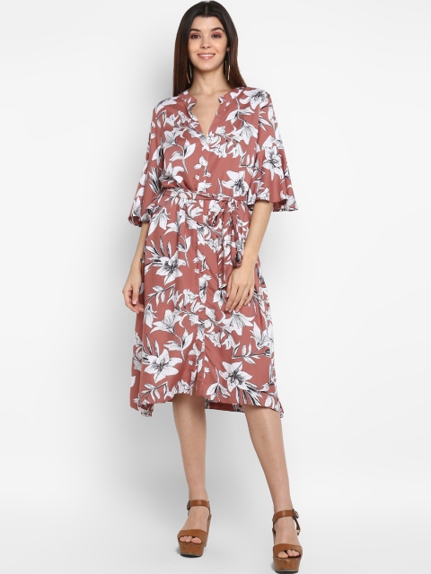 

MIAMINX Women Copper-Coloured & White Printed A-Line Dress