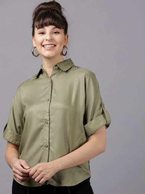 

Tokyo Talkies Women Olive Green Regular Fit Solid Casual Shirt