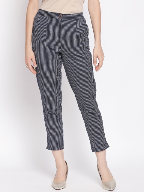 

AKKRITI BY PANTALOONS Women Navy Blue & White Regular Fit Striped Peg Trousers