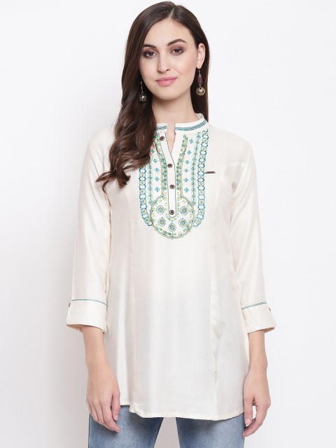 

Kvsfab Women Off White Embroidered A-Line Kurti