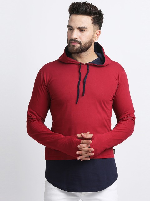 

Rodzen Men Maroon & Blue Colourblocked Hood T-shirt