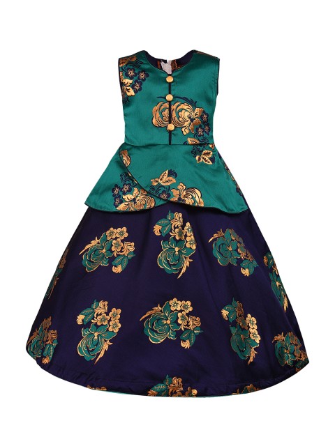 

Wish Karo Girls Navy Blue & Green Printed Maxi Dress
