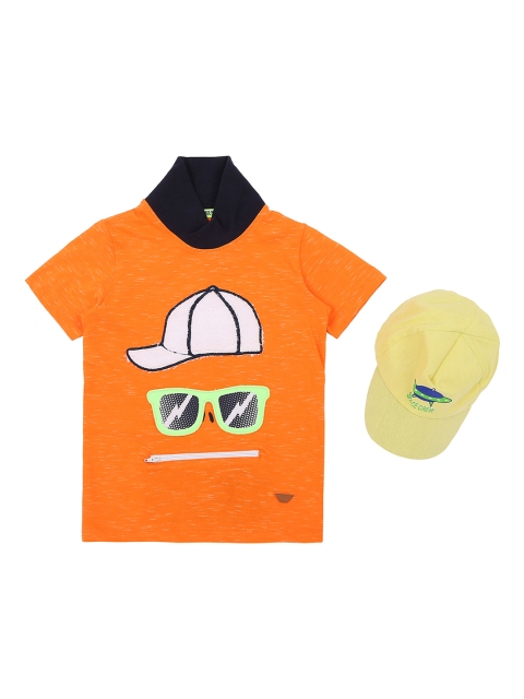 

Pantaloons Junior Boys Orange Printed High Neck Pure Cotton T-shirt With Cap