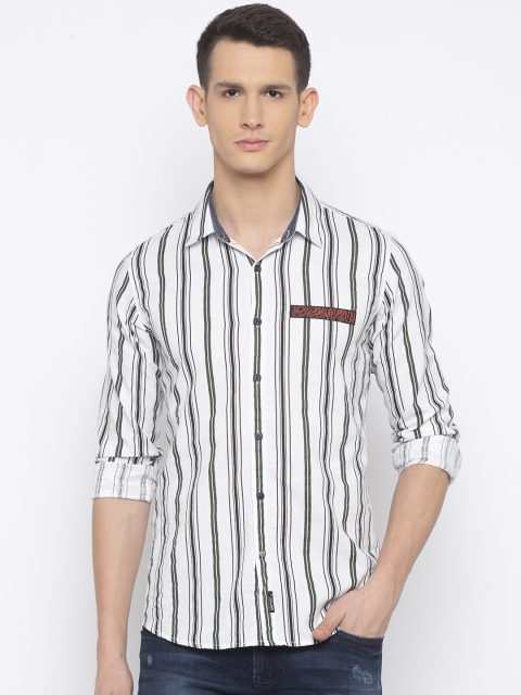 

SPYKAR Men Olive Green & White Slim Fit Striped Casual Shirt