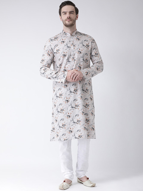 

DEYANN Men Cream-Coloured & Grey Printed Straight Kurta