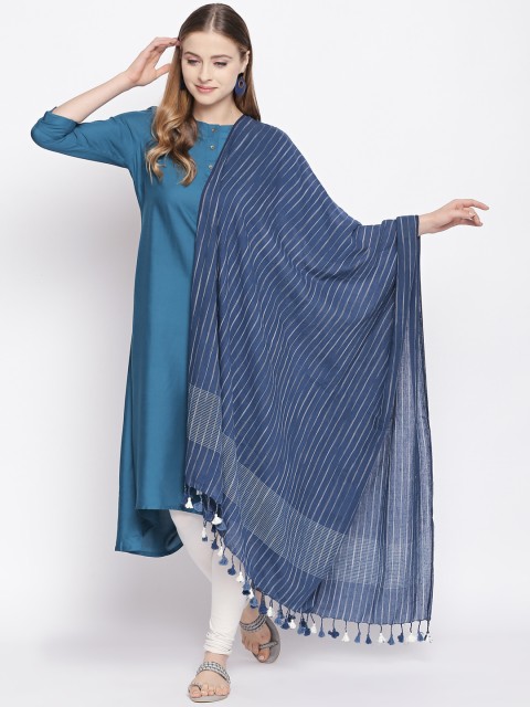 

RANGMANCH BY PANTALOONS Blue & Grey Striped Pure Cotton Dupatta