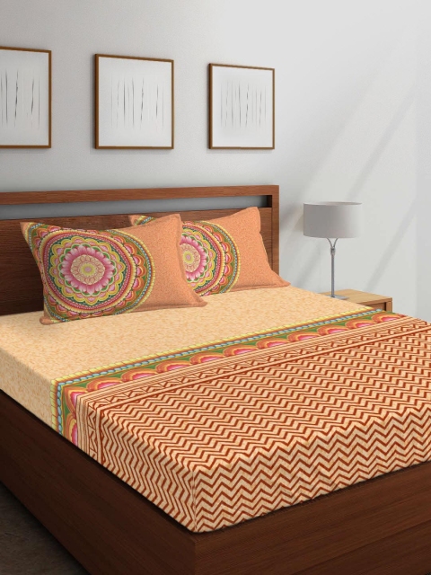 

Boutique Living India Peach-Coloured & Brown Ethnic Motifs 400 TC Cotton 1 King Bedsheet with 2 Pillow Covers