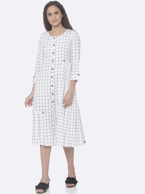 

RAISIN Women White & Grey Checked Shirt Dress