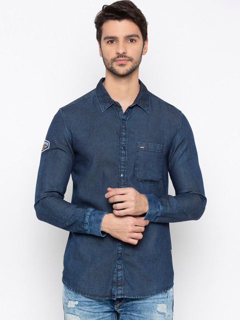 

SPYKAR Men Navy Blue Slim Fit Solid Denim Casual Shirt