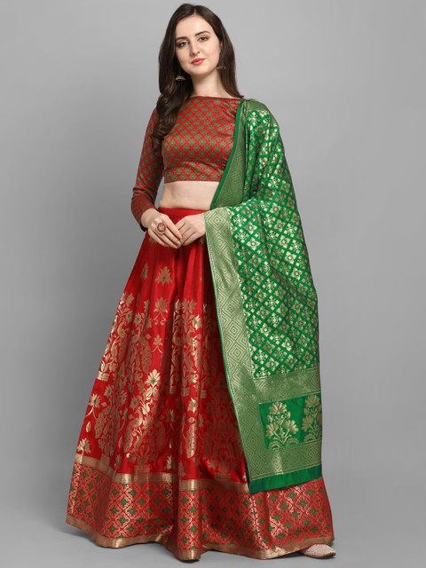 

Satrani Red & Green Woven Design Unstitched Lehenga & Blouse with Dupatta