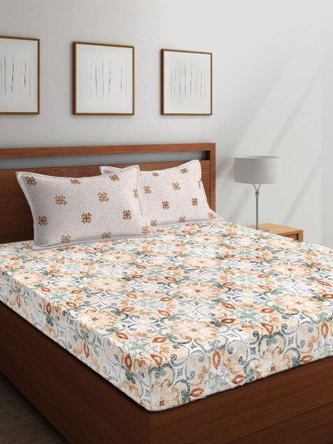 

Boutique Living India Off-White & Beige Ethnic Motifs 144 TC Cotton 1 King Bedsheet with 2 Pillow Covers