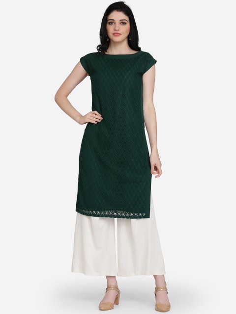 

Ojjasvi Women Green Woven Design Straight Kurta