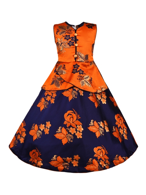 

Wish Karo Girls Navy Blue & Orange Printed Maxi Dress