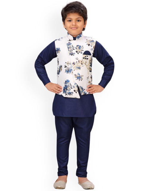 

Aj DEZInES Boys Navy Blue & White Printed Kurta with Pyjamas & Nehru Jacket