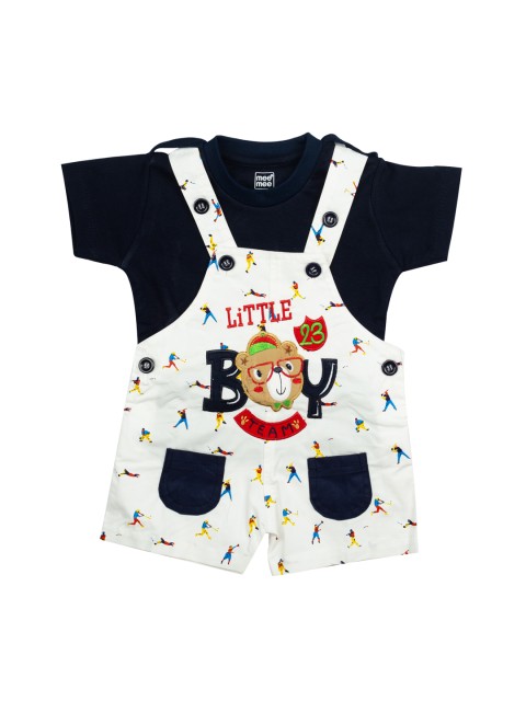 

MeeMee Infant Boys White & Navy Blue Solid T-shirt with Dungaree Shorts