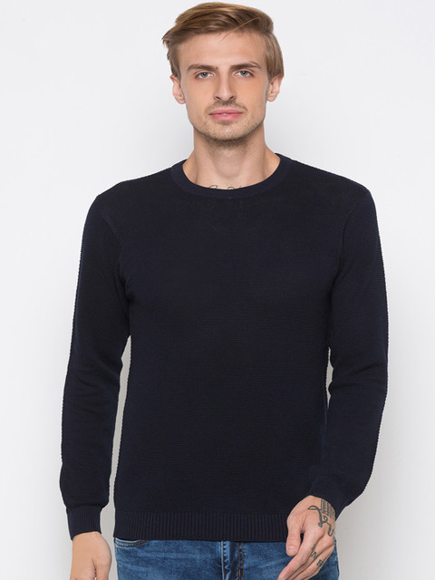 

Globus Men Navy Blue Self Design Round Neck T-shirt