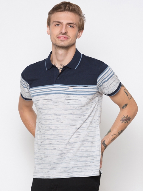 

Globus Men Navy Blue Striped Polo Collar T-shirt