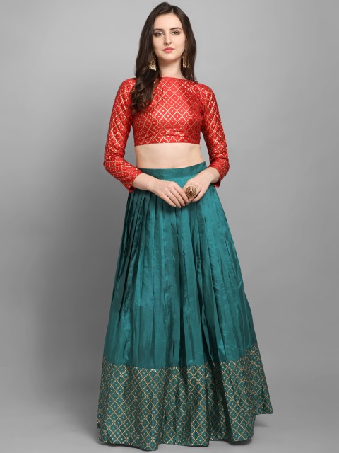 

Satrani Teal Blue & Red Printed Unstitched Lehenga & Blouse with Dupatta
