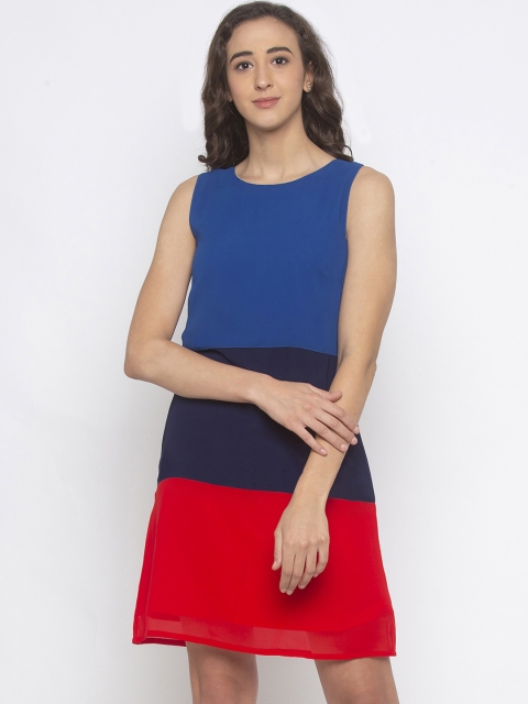 

Iti Women Blue & Red Colourblocked Fit and Flare Dress