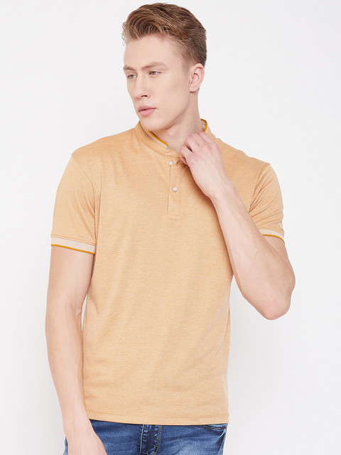 

Octave Men Mustard Brown Solid Mandarin Collar T-shirt
