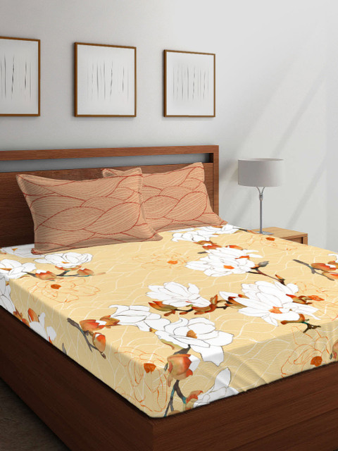 

Boutique Living India Cream-Coloured & White Floral 200 TC Cotton 1 King Bedsheet with 2 Pillow Covers