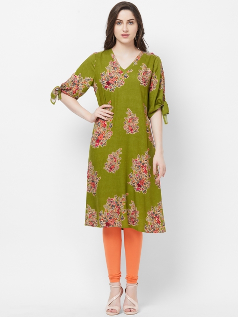 

Fusion Beats Women Green & Red Printed Straight Kurta