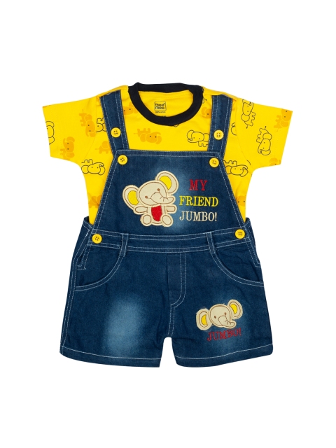 

MeeMee Infant Boys Yellow & Blue Printed T-shirt with Denim Dungaree Shorts