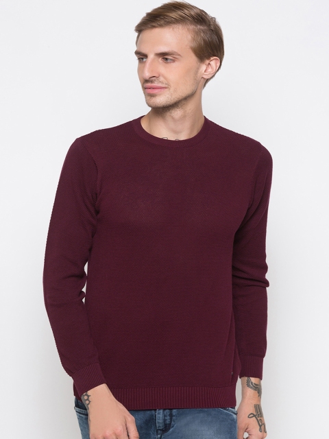 

Globus Men Maroon Self Design Round Neck T-shirt