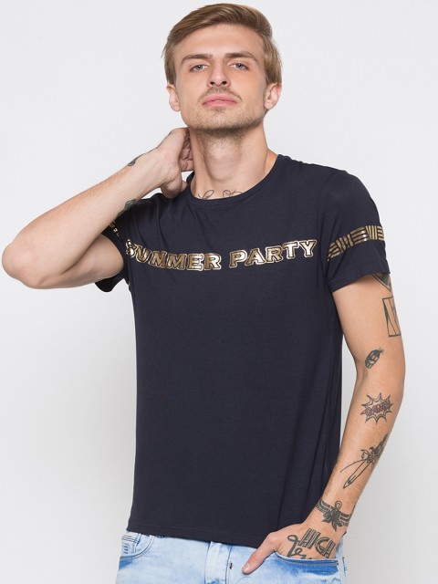 

Globus Men Navy Blue Printed Round Neck T-shirt