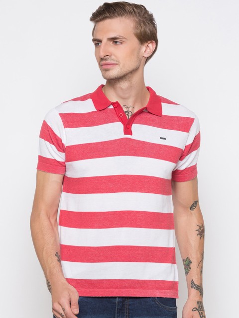 

Globus Men White & Coral Pink Striped Polo Collar T-shirt