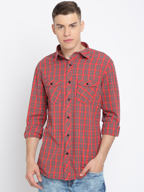 

TED HARBOR Men Orange & Green Slim Fit Checked Casual Shirt