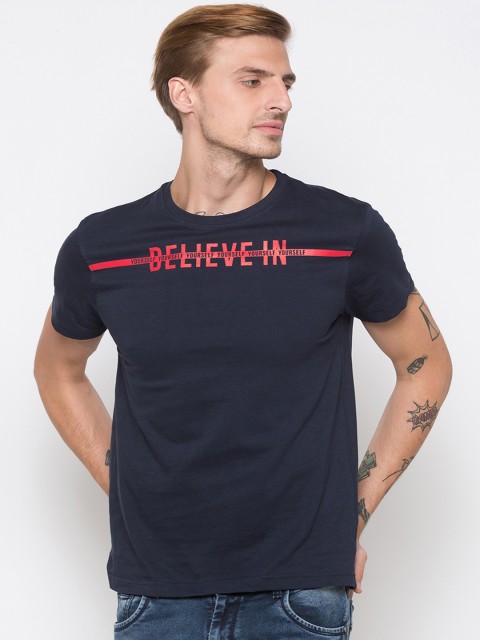

Globus Men Navy Blue Printed Round Neck T-shirt
