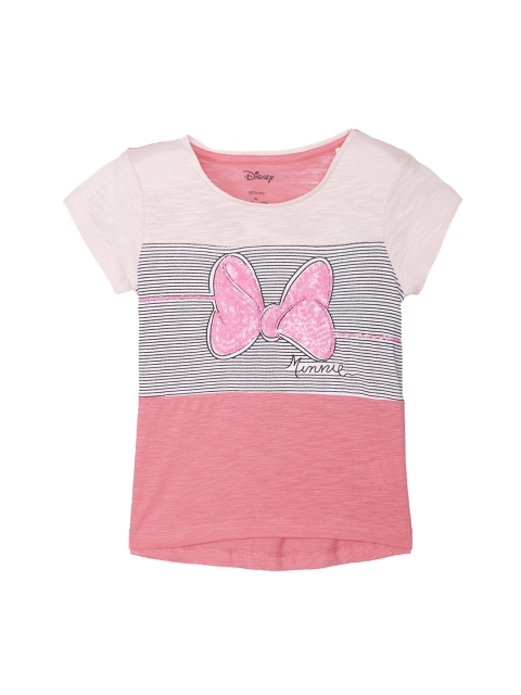

Kids Ville Girls Pink Mickey & Friends Striped Round Neck T-shirt