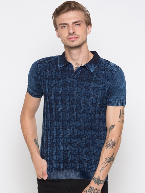 

Globus Men Blue Printed Polo Collar T-shirt