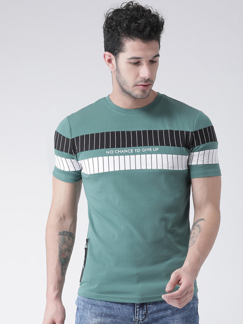 

Rex Straut Jeans Men Green Striped Round Neck T-shirt