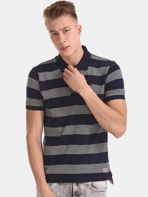 

Flying Machine Men Blue & Grey Striped Polo Collar T-shirt