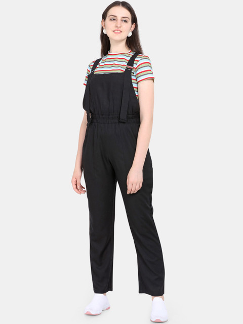 

Yuvraah Women Solid Dungaree with Striped T shirt, Black