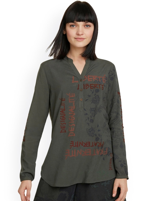 

Desigual Women Olive Green Printed Shirt Style Denim Top