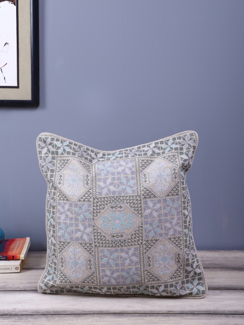 

eyda Grey & Purple Embroidered Square Cushion Cover