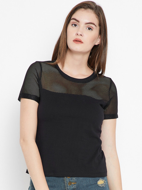 

PUNK Women Black Solid Round Neck T-shirt